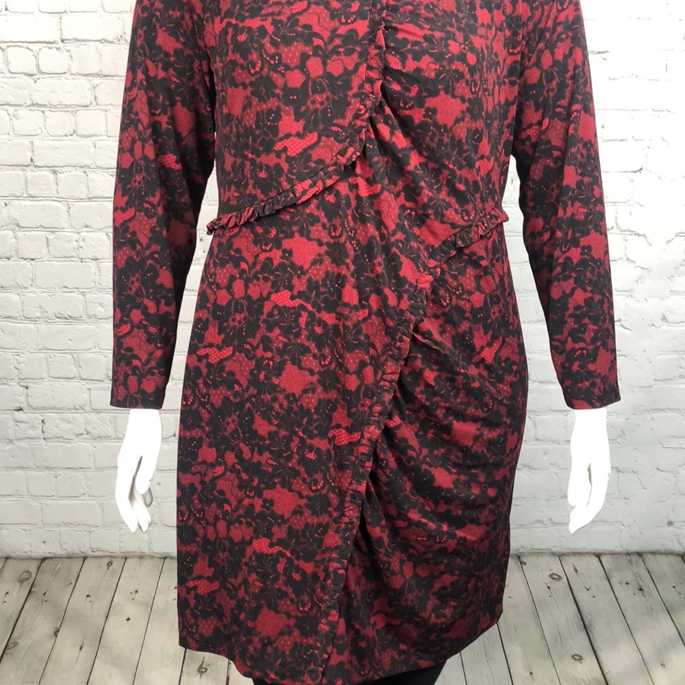 Michael Kors Red/Black Lace Print Ruffle Dress 1X - Picture 3 of 8